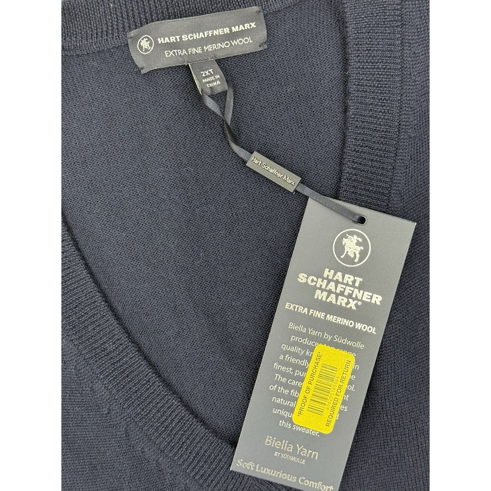 Hart Schaffner Marx Men's Extra Fine Merino Wool VNeck Blue Sweater Size 2XT NWT
